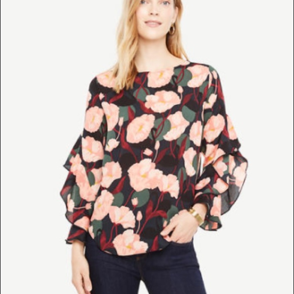 Ann Taylor Black Swan Cascade Ruffle Sleeve Blouse XL Tall